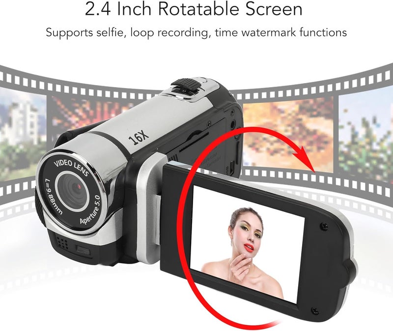 Bewinner D90 Digital Video Camera - 1080P 16MP Handheld Video Camcorder 16x Digital Zoom Video Camera with 2.7in TFT Rotatable Screen, HD Video Recorder Camera with Fill Light (Silver) - Image 2